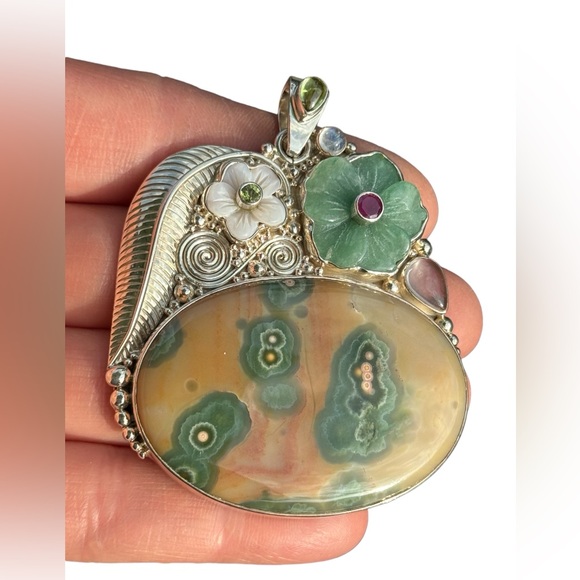 RARE  Sajen 925 Sterling silver brooch pendant Ocean Jasper MOP Garnet flowers - Picture 1 of 5